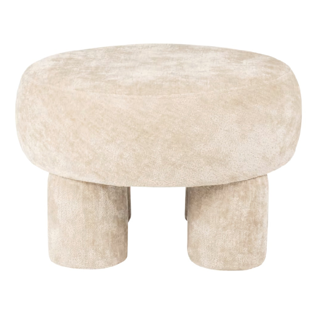 Pouf rond en tissu beige avec pieds cylindriques.