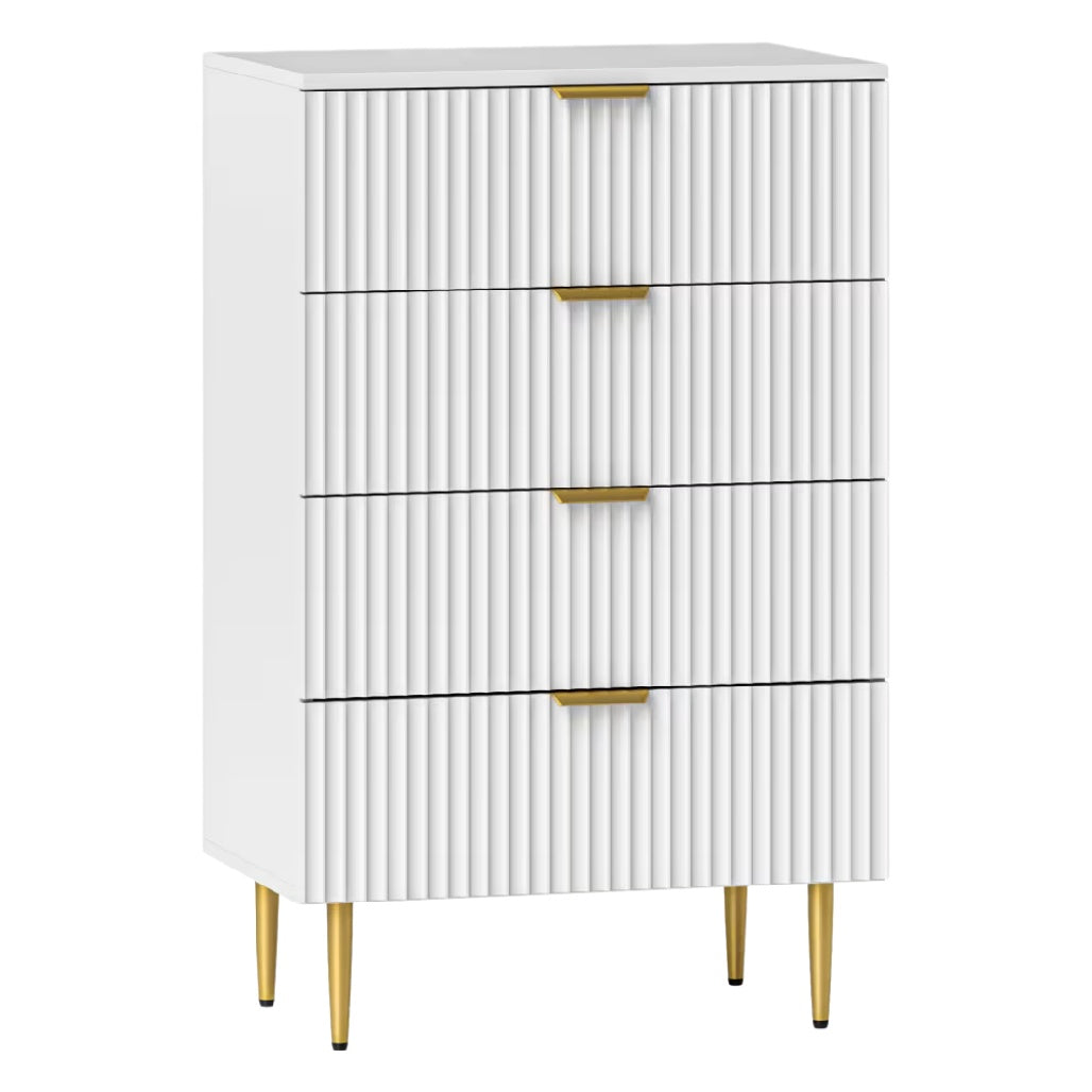 Commode moderne blanche avec tiroirs striés et poignées dorées